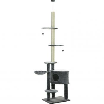 PawHut Rascador para Gatos con poste de sisal y plataforma de bolas de juego, altura ajustable de 220-265 cm, gris oscuro