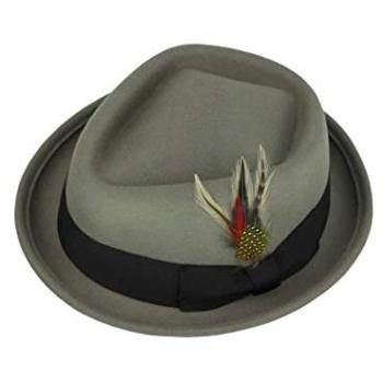 Men’s Grey 100% Wool Felt Pork Pie, Diamond Crown, Medium