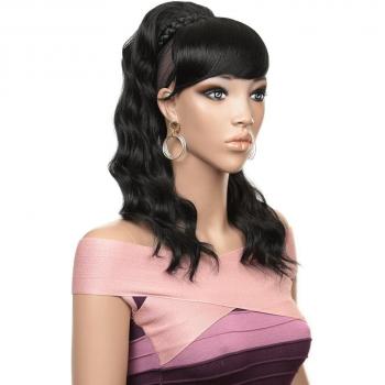 160g Synthetic Curly Ponytail with Bangs, 16-Inch, Rose Wine Red