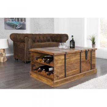 Couchtisch mit Truhe und Weinregal aus massivem Holz 100 cm