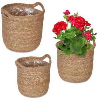 Round Seagrass Flower Pot Set of 3, Natural, for Plants & Herbs
