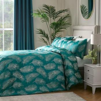 Teal Peacock Feathers Metallic Duvet Cover Set