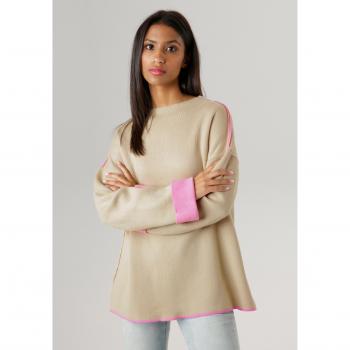 Aniston SELECTED Damen-Pullover – U-Boot-Ausschnitt, Langarm, kontrastfarbige Umschläge