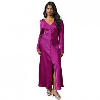 Oasis Satin Button Front Long Sleeve Tea Midi Dress Purple 12