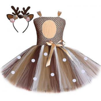 Costume Noël Enfants Chouette Robe Lasso Cheveux Bague Fille Jupe Mosaïque Princesse Tutu Jupe Marron 6-7 ans