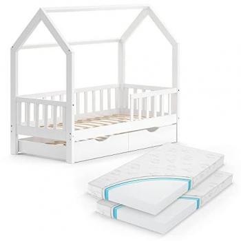 VitaliSpa Hausbett für Kinder, Weiß, 80x160 cm mit Gästebett und Matratzen