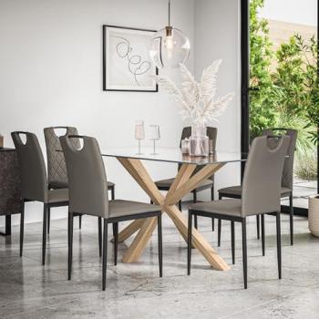 Etta Transparent Top Dining Set – Oak Stanchion, 6 Monza Faux Leather Chairs (Grey)
