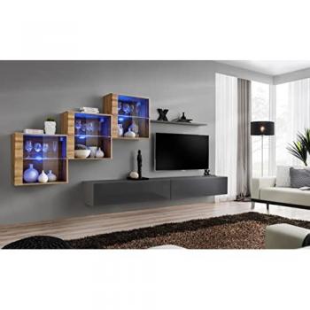 Mosaïque murale Switch XX – 3 vitrines, 2 bancs TV, étagère – Bois & Graphite Modèle 1