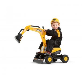 Mini Pelleteuse JCB « Bébé-Opérateur » – Jaune, 4 roues, casque safety – Marque Falk