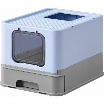 Arenero para gatos grandes con bandeja extraíble, incluye pala y cepillo, carga hasta 15 kg, azul pálido y gris paloma