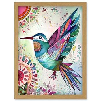 Vivid Feather Mandala Hummingbird – Watercolour Wall Print, A4