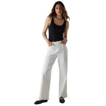 Warehouse Collection: Fray Detail Wide Leg Jeans in Ecru