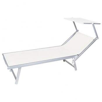 Lettino da Mare Reclinabile con Parasole Rimini 186x61x38 cm Bianco in Textilene e Alluminio