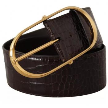 Dolce & Gabbana Brown Crocodile Pattern Leather Gold Oval Buckle Belt