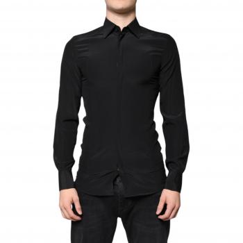XS IT37 Black Silk Long Sleeve Gold Dress Shirt