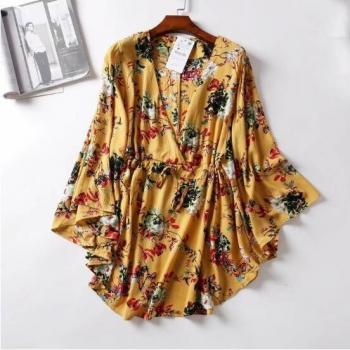 Floral Deep V Neck Beach Dress with Lacing Waist