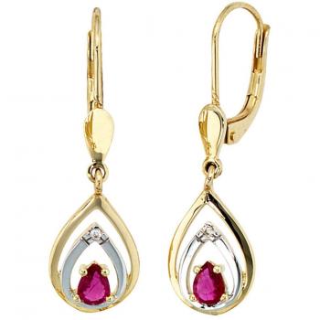 Damen Ohrhänger Jobo 585 Gold mit 2 Diamanten und 2 Rubinen