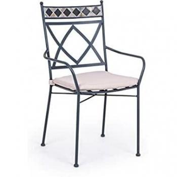 Sedia design Berkley da esterno in ferro e mosaico con cuscino e braccioli