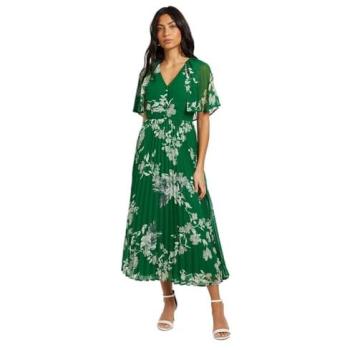 Wallis Green Caped Midi Dress with Pleats, Size 14 (Women)
