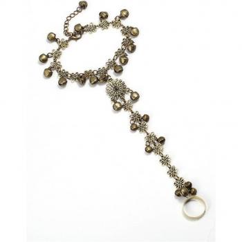 Hollow Flower Bells Connected Finger Ring and Bracelet Set for Women