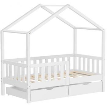 Casetta Letto Montessori 70x140 – Pino Bianco, Rete a Doghe, Cassetti di Stoccaggio