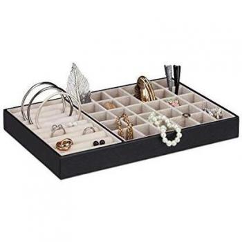 Relaxdays Organizador de Joyas en Piel Sintética Negra 3.4 x 30 x 20 cm