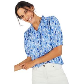 Puff Sleeve Blue Floral Dress Shirt