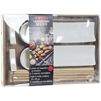 DKD Home Decor Sushi Serving Set S3025784 – Porcelain & Bamboo Blend, 28.5 × 19.5 cm, Classic White