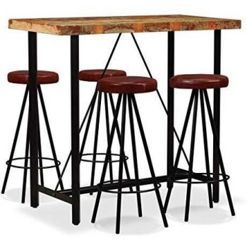 Ensemble de mobilier de bar en bois recyclé et cuir (5 pièces)