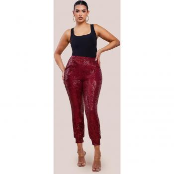 Wine Sequin Cuffed Ankle Trousers