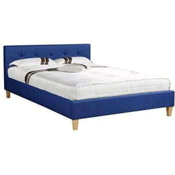 Lit deux places IDIMEX Lille 140x190 cm – Sommier bois conique + cadre en bois, revêtement bleu capitonné