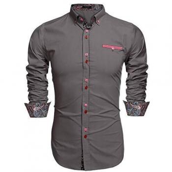Coofandy Chemise Homme Manche Longue Coton Col Italien Boutonné Casual Gris