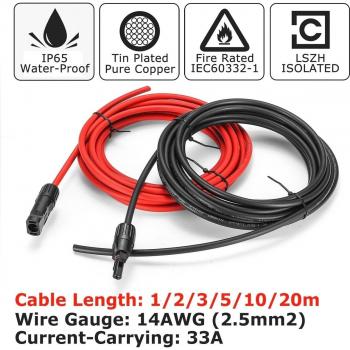 Solar Panel PV Connector Extension Cable 14AWG Red/Black Male/Female (3/5/6/10M)