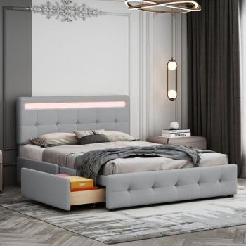 Lit Plat Okwish 140x200 cm avec Sommier à Lattes et Éclairage