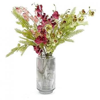 Mixed Wild Orchid and Ferns Artificial Flower Arrangement in Glass Vase