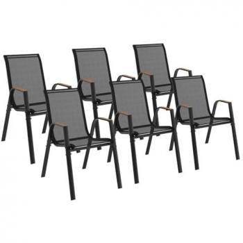 Chaises Empilables NOUMEA – Métal Noir, Textilène & Accents Bois (6 pièces)