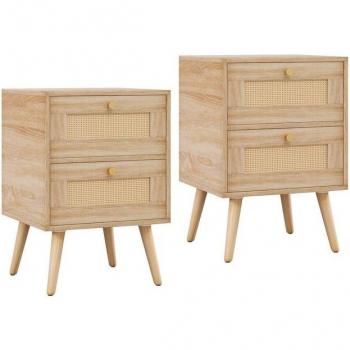 COSTWAY Boho Rattan‑Nachtschrank – 2 Stück – mit Schubladen und Massivholzbeinen