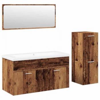 4-Piece Old Wood Engineered Bathroom Furniture Set with Ceramic Basin