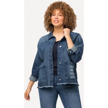 Giacca di jeans con frange e stampa, taglio oversize, Donna, Blu, Taglia: 56/58, Cotone
