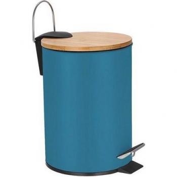 Perel Kosmetik Eimer, 3L, blauer Metalltreteimer mit Bambusdeckel