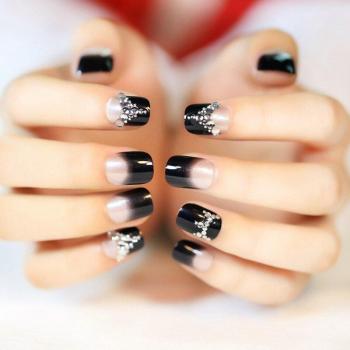False Nails with Silver Smile Line and Colorful Stars