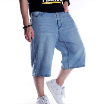 Shorts homme denim grande taille, style streetwear, 3/4, bleu, poches