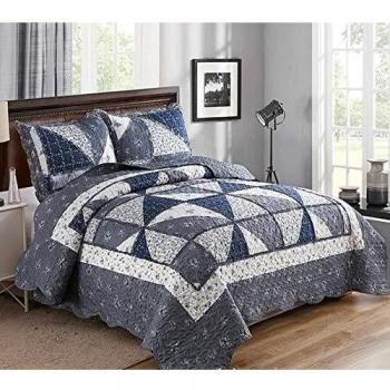 VIVILINEN Patchwork Quilted Bedspread Set 3 Pieces Soft Microfiber King Quilt with 2 Pillow Shams