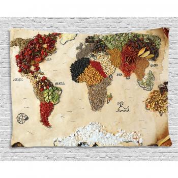 World Map Tapestry Depicting Various Spices and Foods