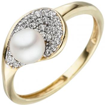 Damenring JOBO – 375 Gold Gelbgold, Bicolore, 1 Süßwasserperle, 36 Zirkonia, Ø 56 mm