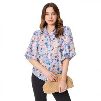 Blue Print Puff Sleeve Collar Shirt, Izabel London, Size 10