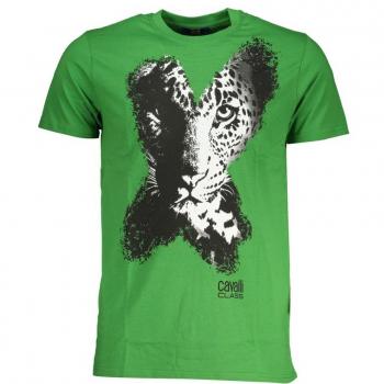 Cavalli Class Green Cotton Leopard Print T-Shirt for Men
