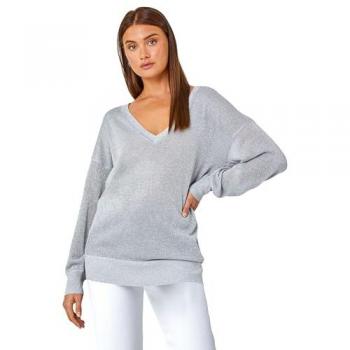 Relaxed Stretch Shimmer V‑Neck Jumper – Metallic – Size 10 UK