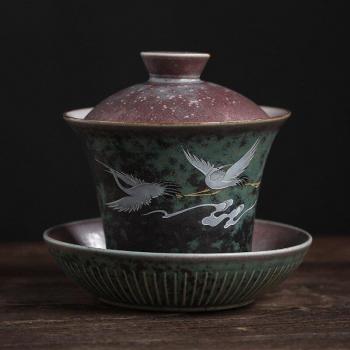 Retro Ceramic Tea Bowl with Crane Lid