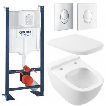 Pack WC Suspendu VILLEROY & BOCH – Antheus DirectFlush (sans bride) avec Abattant, Bâti Support GROHE Rapid SL et Plaque Blanche